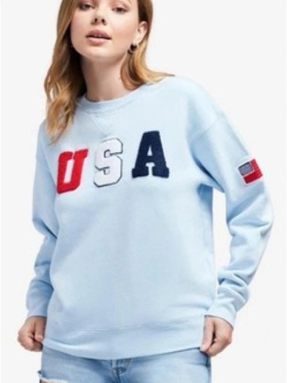 Wildfox Light Blue USA Chenille Letter Crewneck